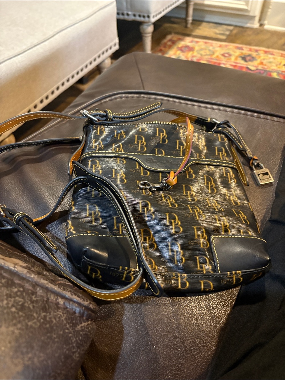 Dooney & Bourke Black and Cognac DB Logo Crossbody